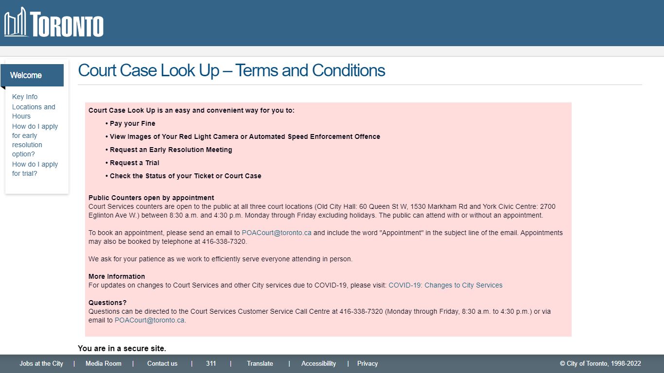 Court Case Look Up – Terms and Conditions - Toronto